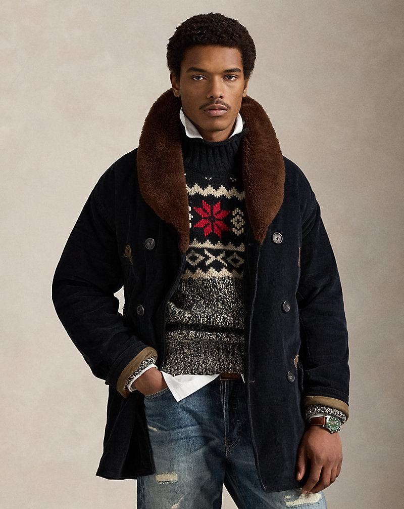 Shearling-Collar Corduroy Ranch Coat